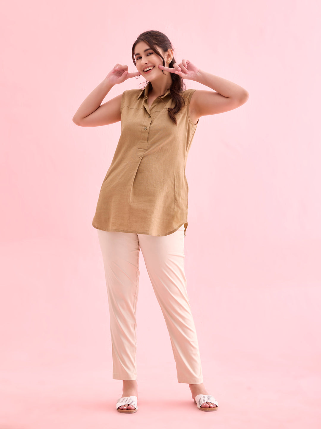 Light Beige Polyester Shiny Pants