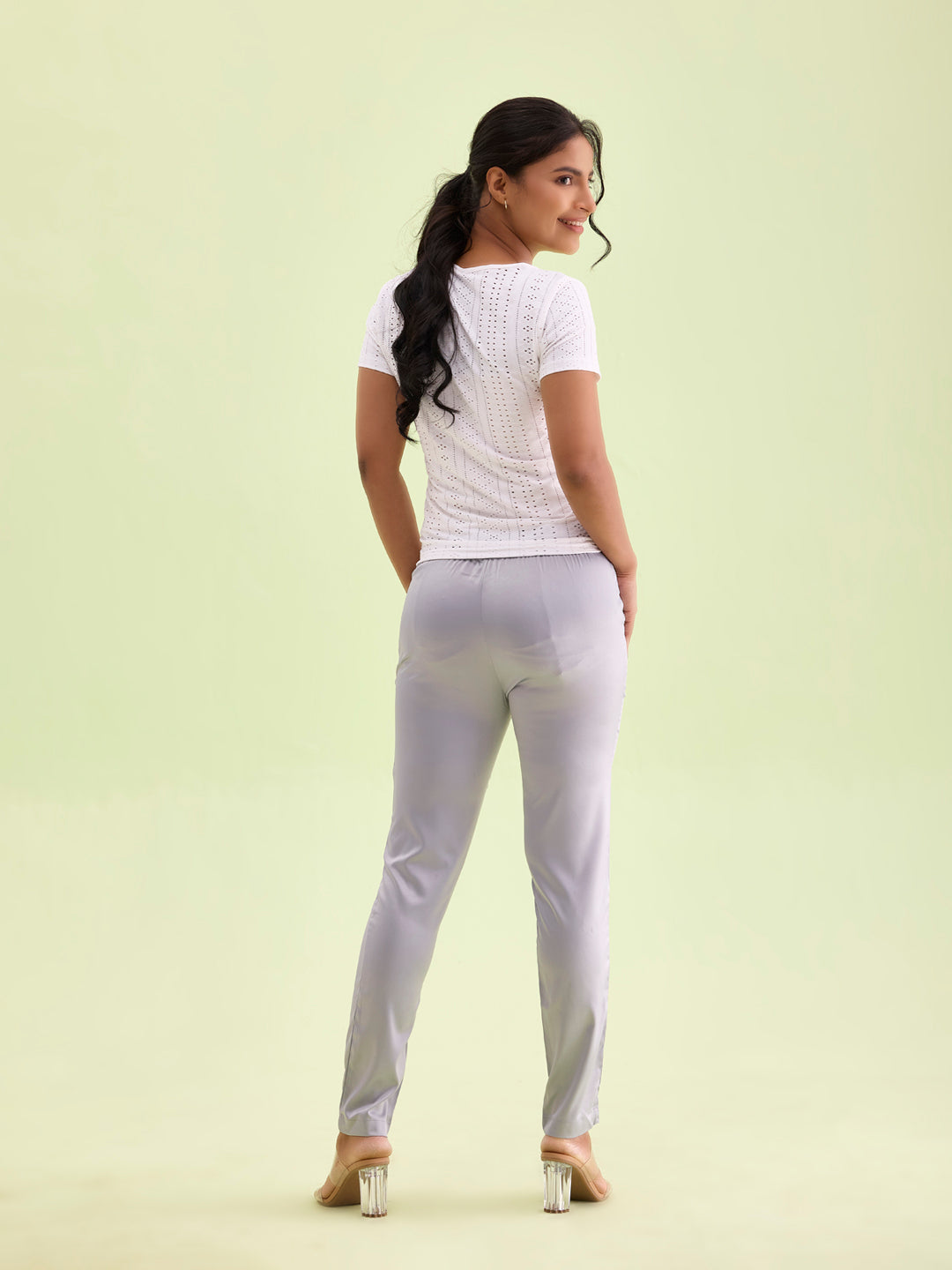 Silver Polyester Shiny Pants