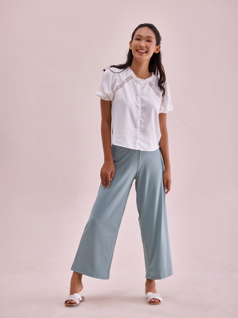 Women Solid Dusty Green Viscose Mid Rise Rib Palazzos