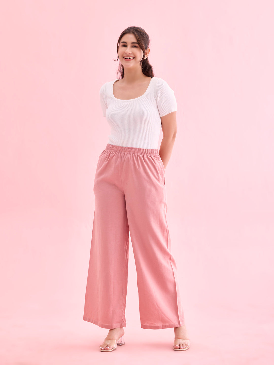 Baby Pink Viscose Blend Linen Palazzos