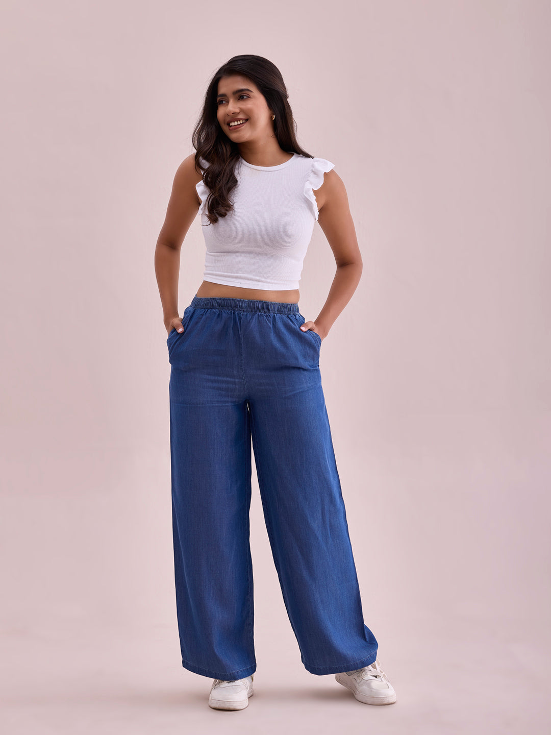 Blue Woven Tencel Denim Palazzos