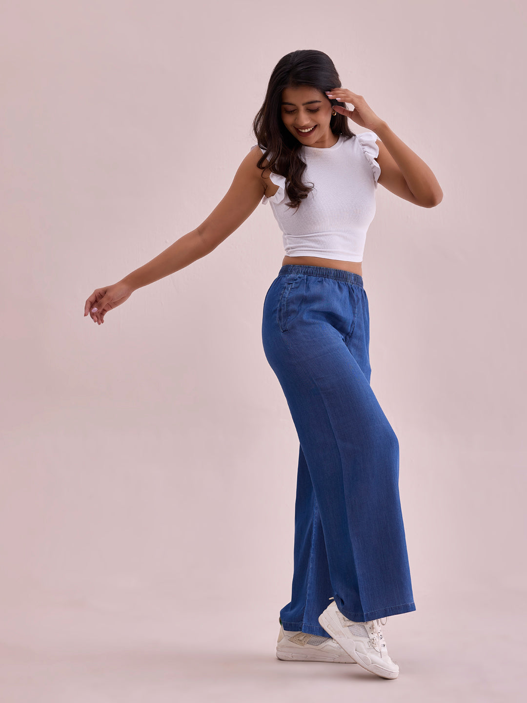 Women's Solid Wide-Leg Denim Palazzo Pants GoColors – Go Colors