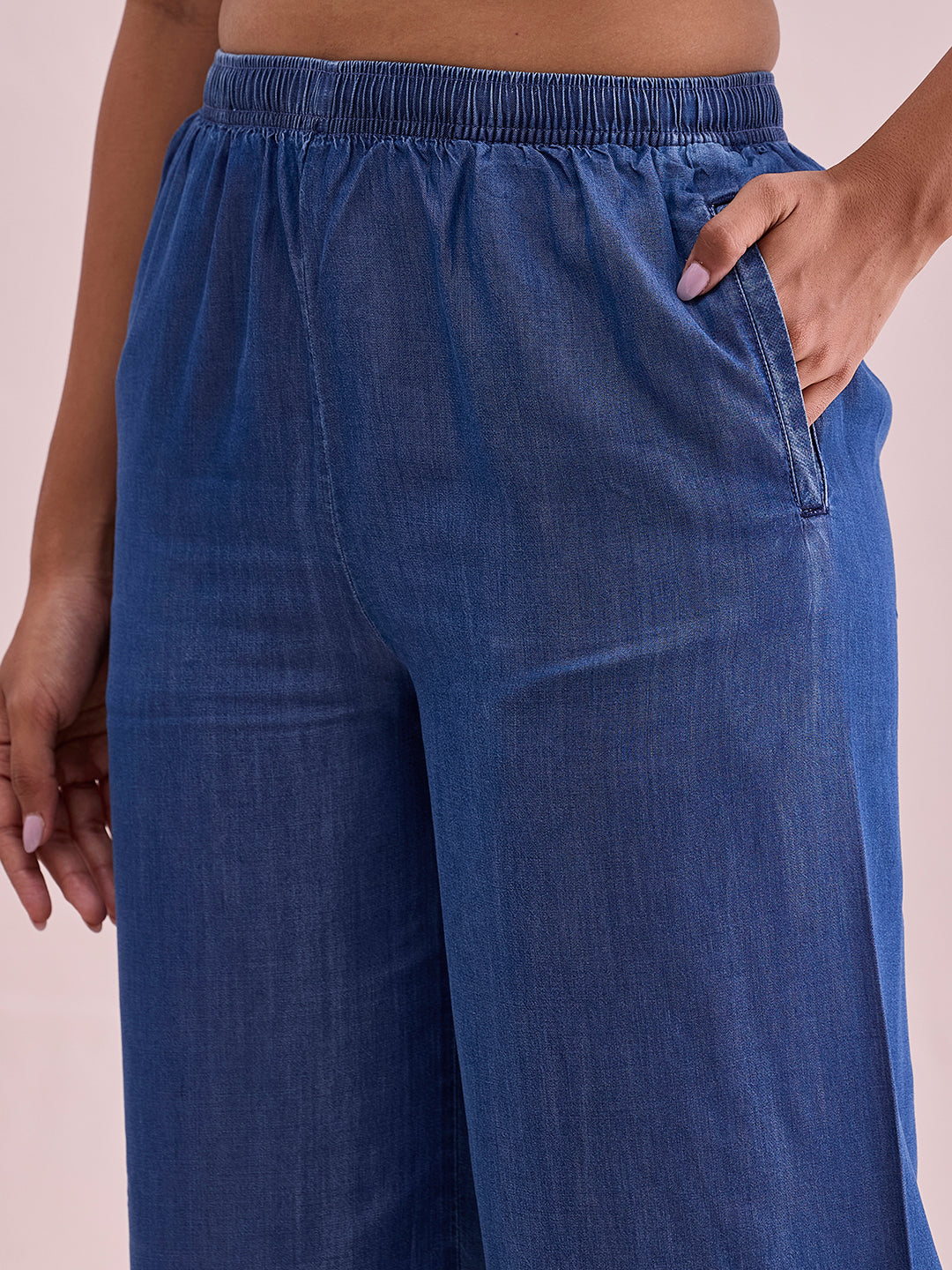 Blue Woven Tencel Denim Palazzos