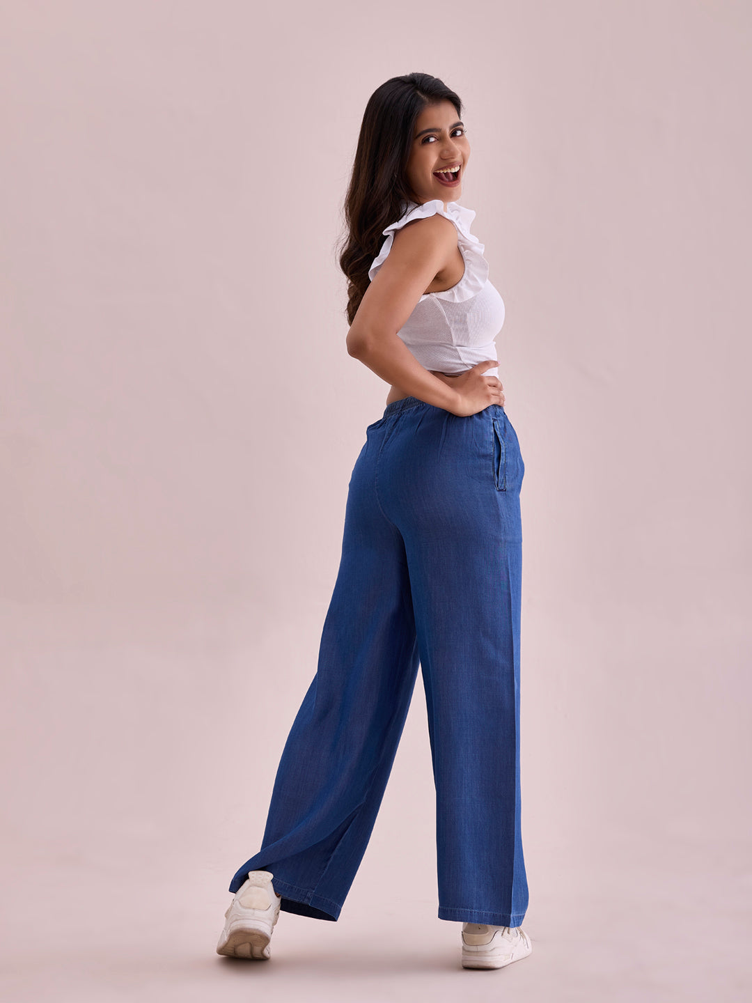 Women's Solid Wide-Leg Denim Palazzo Pants GoColors – Go Colors