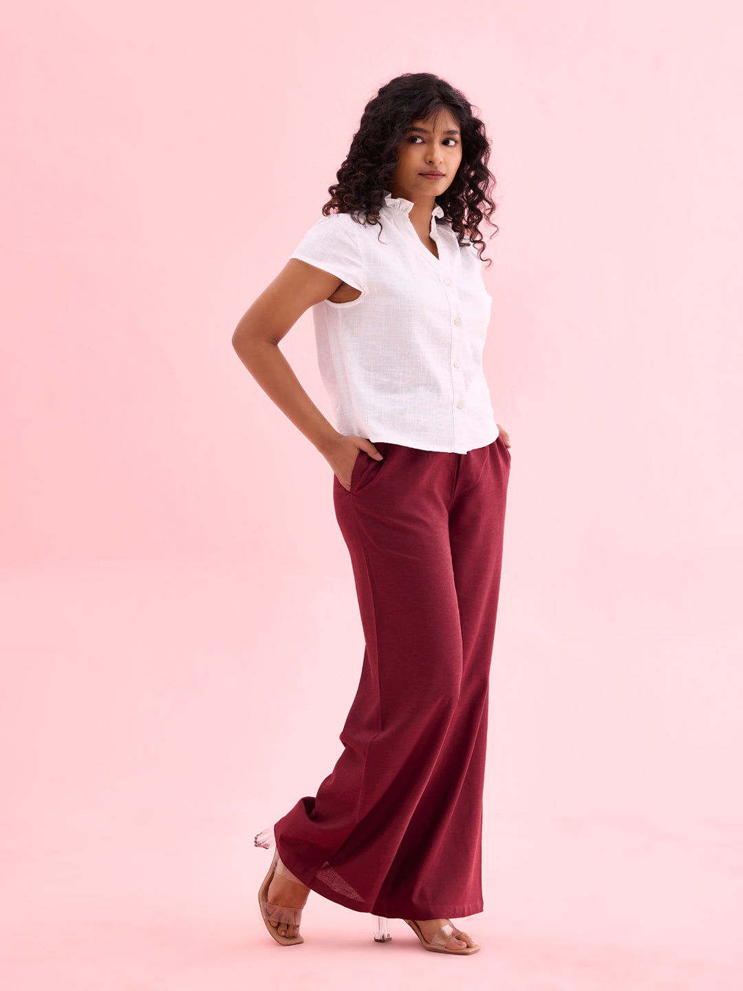 Maroon Viscose Blend Linen Palazzos