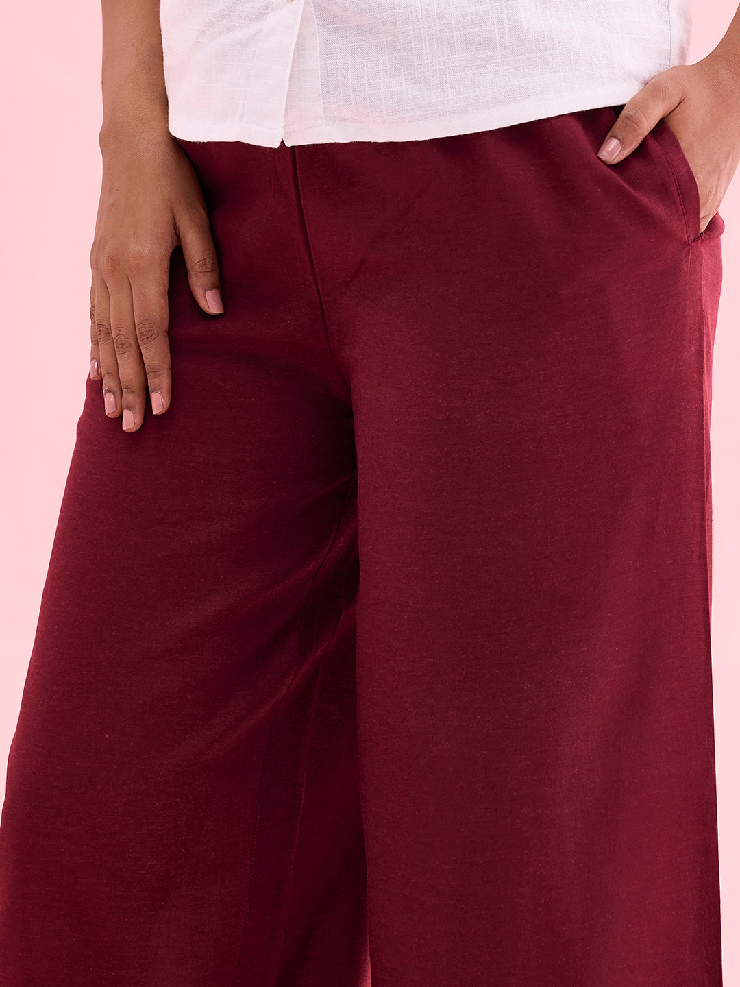 Maroon Viscose Blend Linen Palazzos