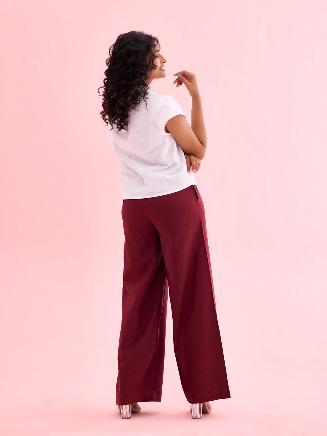 Maroon Viscose Blend Linen Palazzos