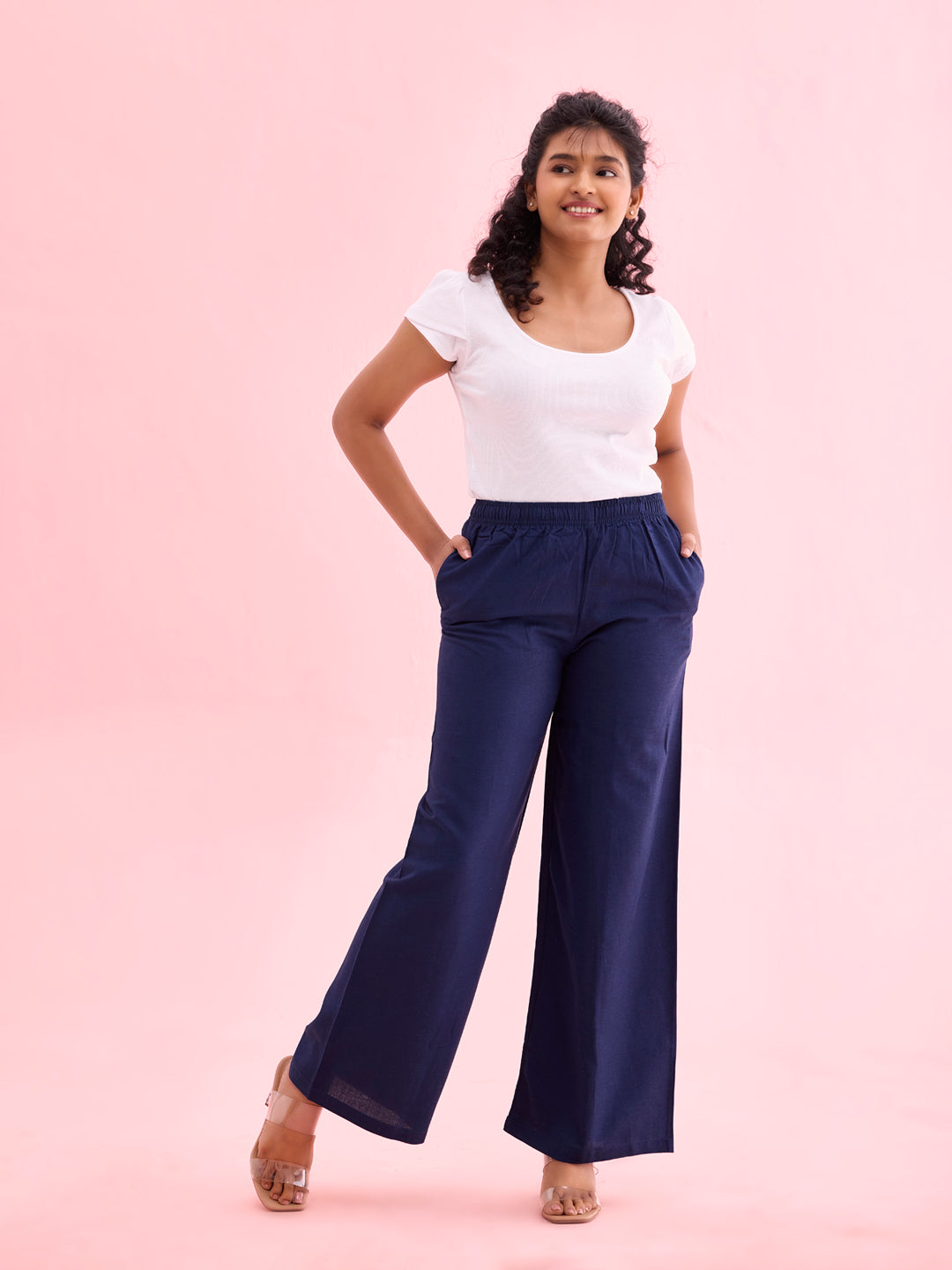 Navy Viscose Blend Linen Palazzos