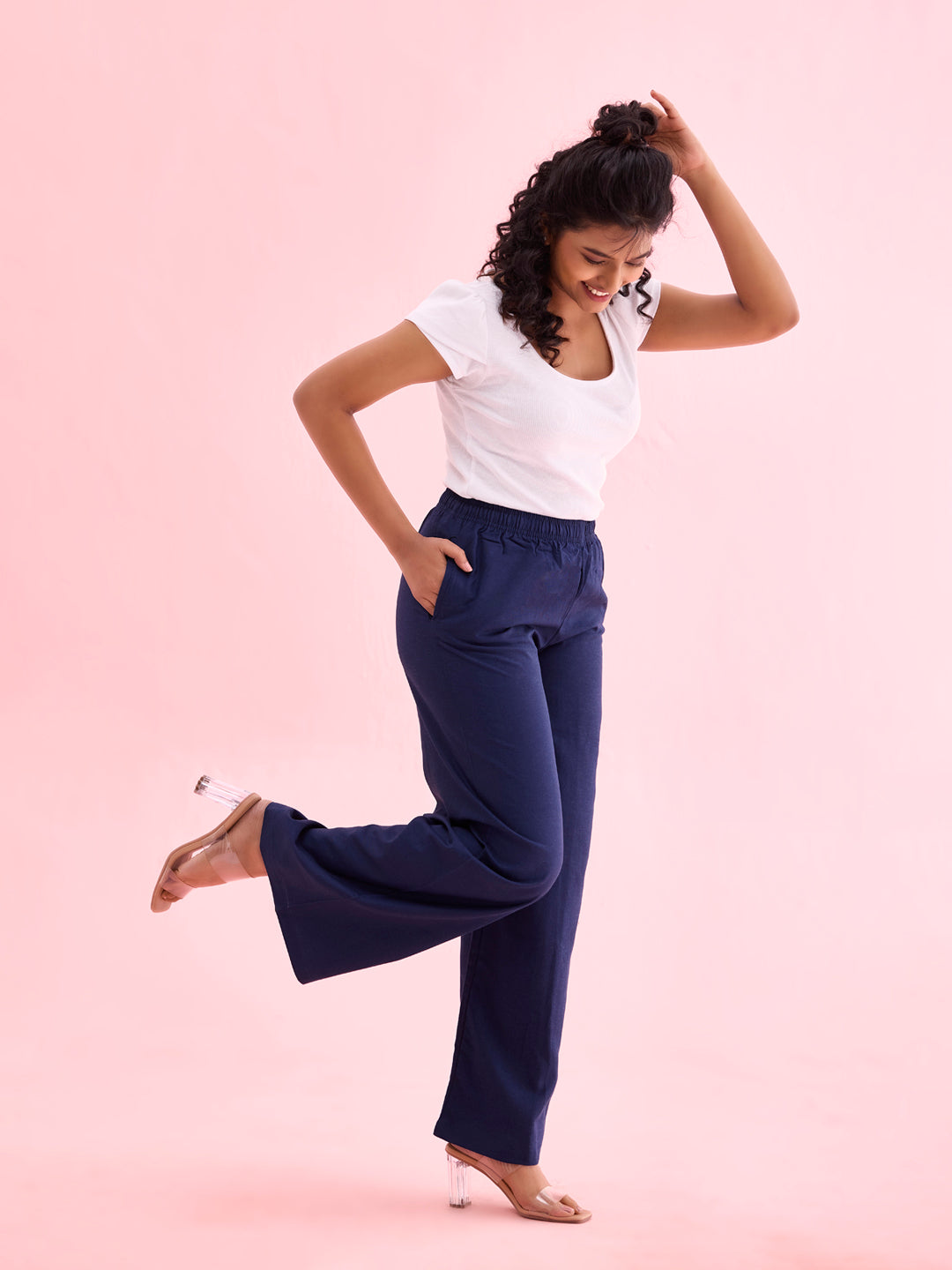 Navy Viscose Blend Linen Palazzos S1