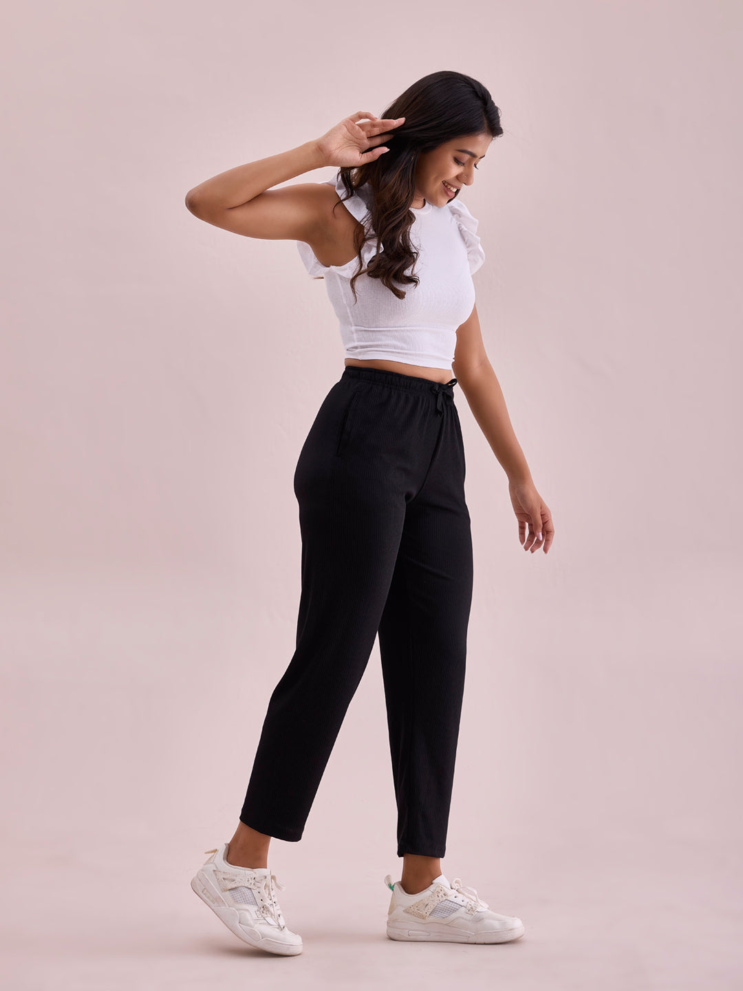 Black Drop Needle Fabric Casual Rib Pant