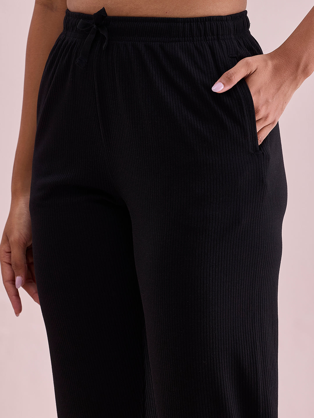 Black Drop Needle Fabric Casual Rib Pant