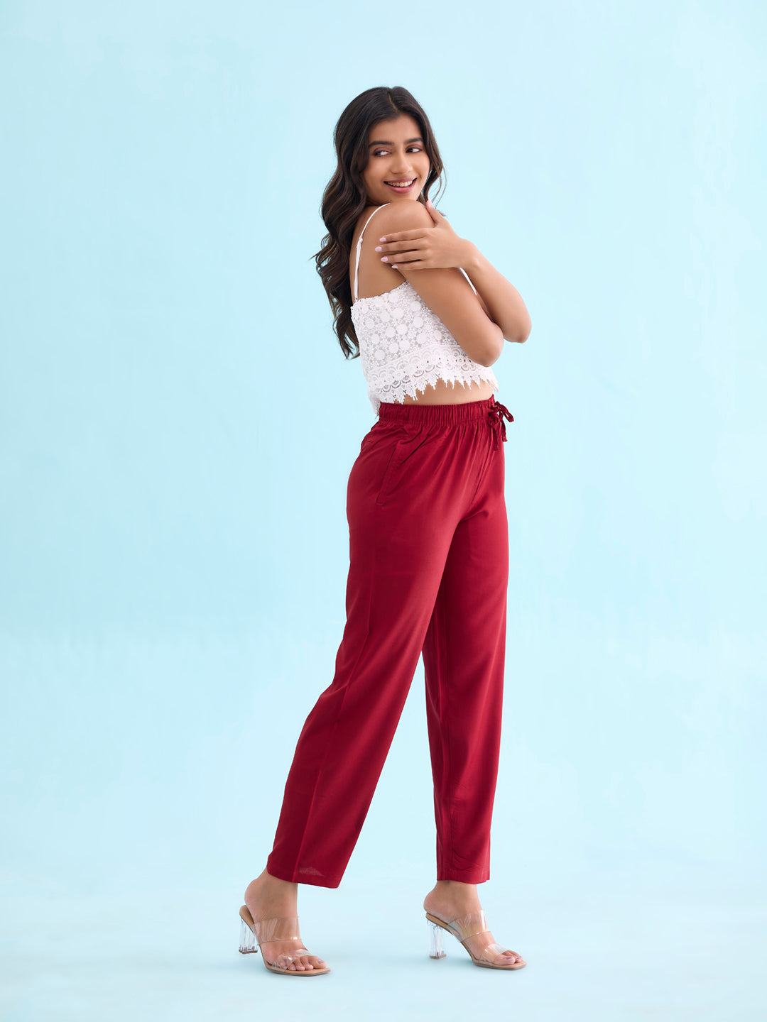 Bright Red Woven Viscose Casual Pants