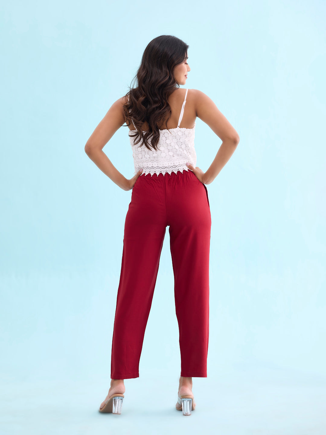 Bright Red Woven Viscose Casual Pants