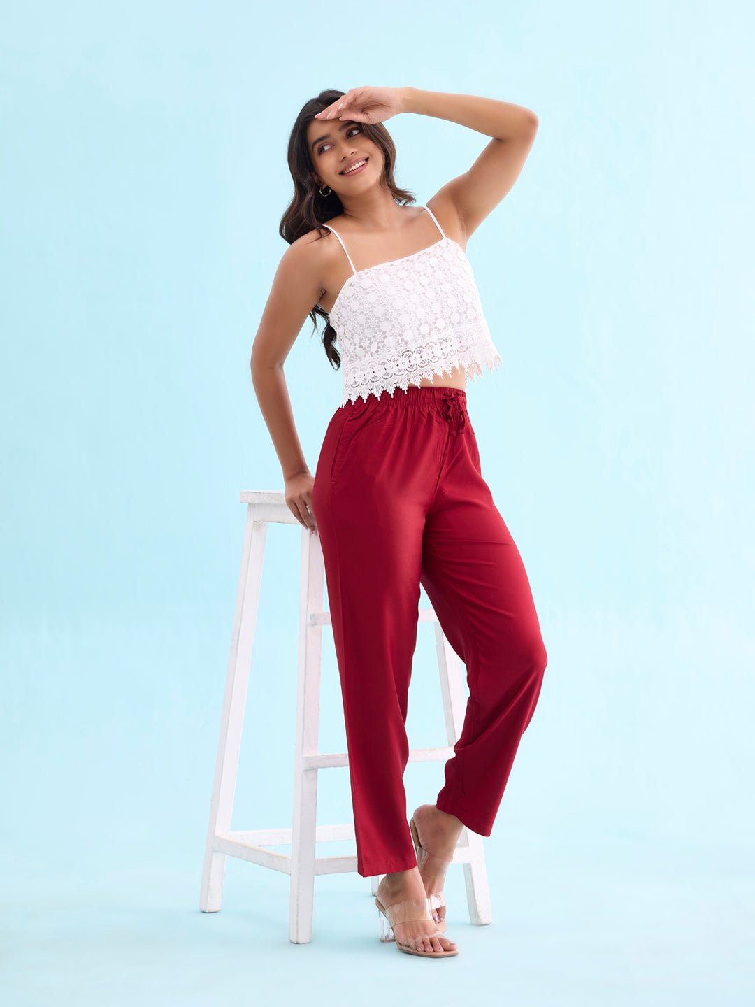 Bright Red Woven Viscose Casual Pants