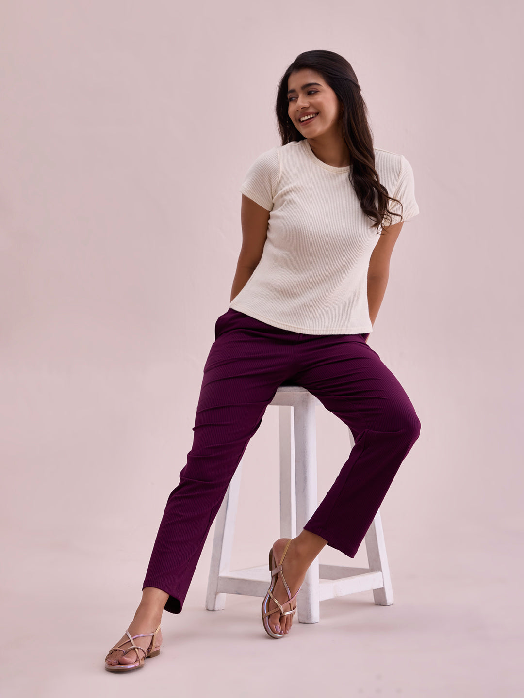 Dark Wine Drop Needle Fabric Casual Rib Pant