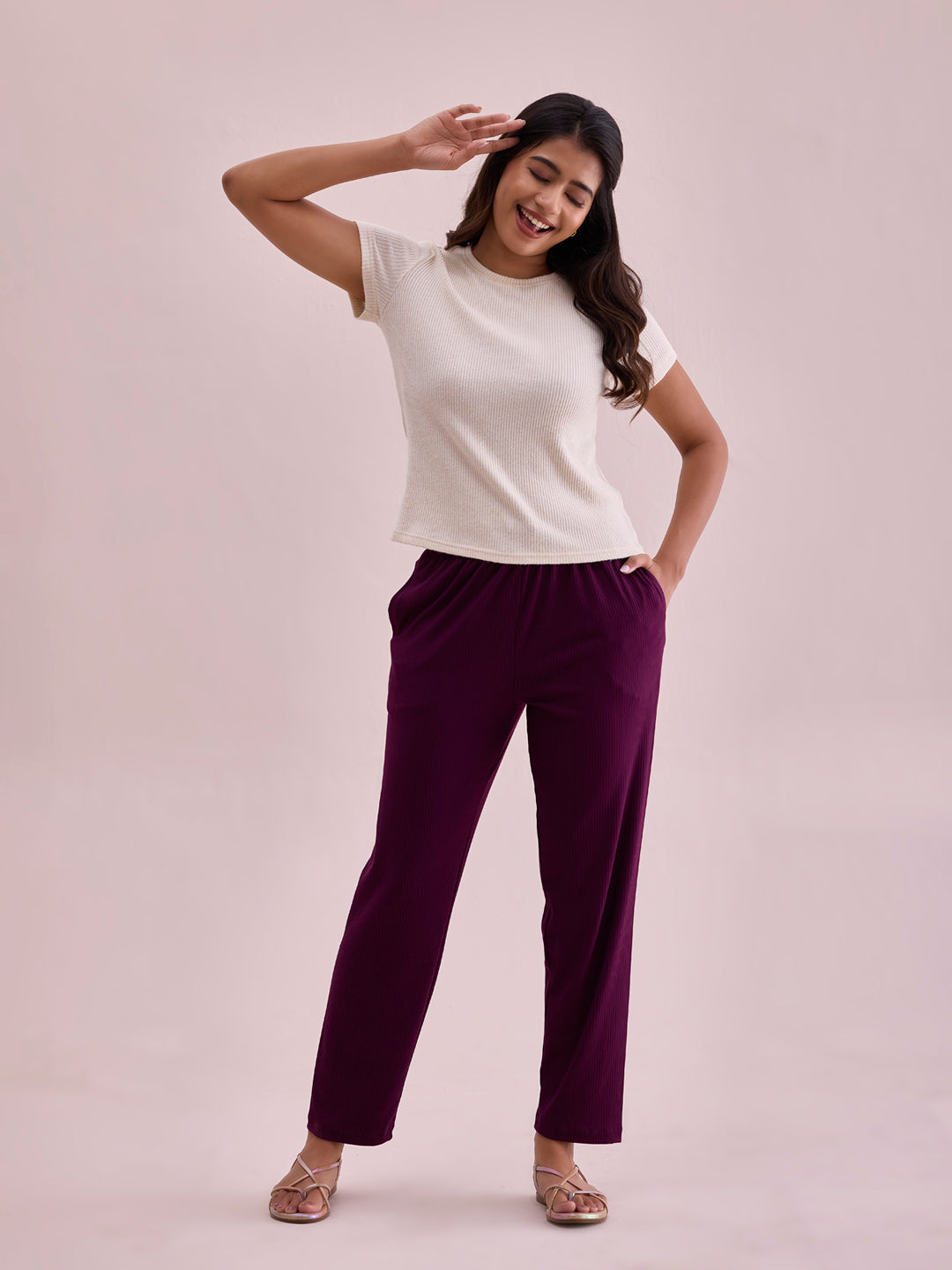 Dark Wine Drop Needle Fabric Casual Rib Pant