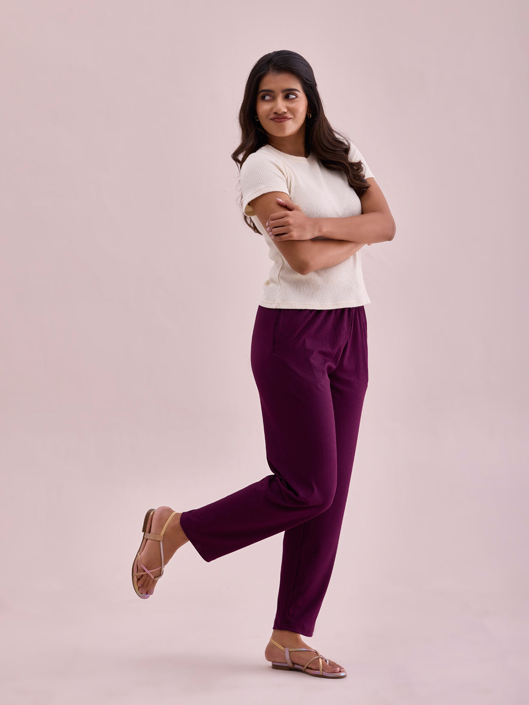 Dark Wine Drop Needle Fabric Casual Rib Pant