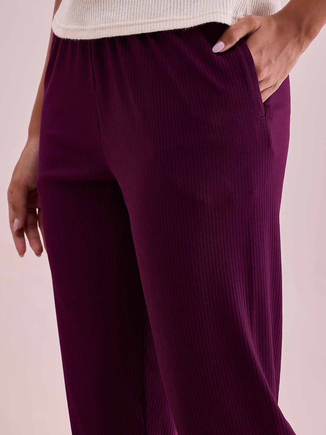 Dark Wine Drop Needle Fabric Casual Rib Pant