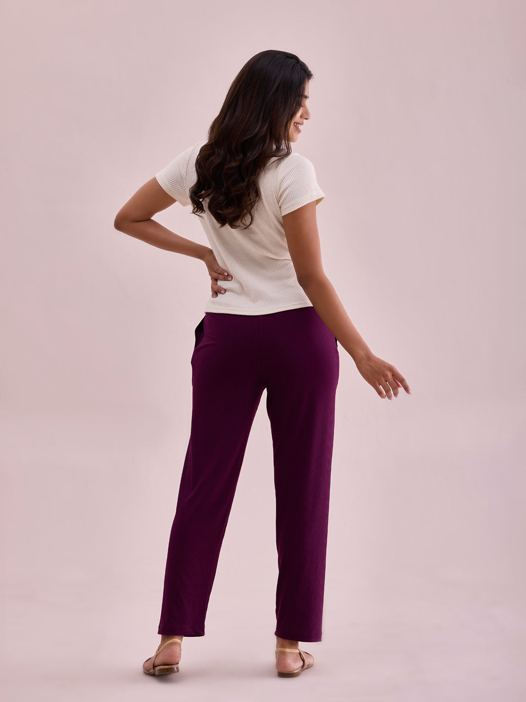 Dark Wine Drop Needle Fabric Casual Rib Pant