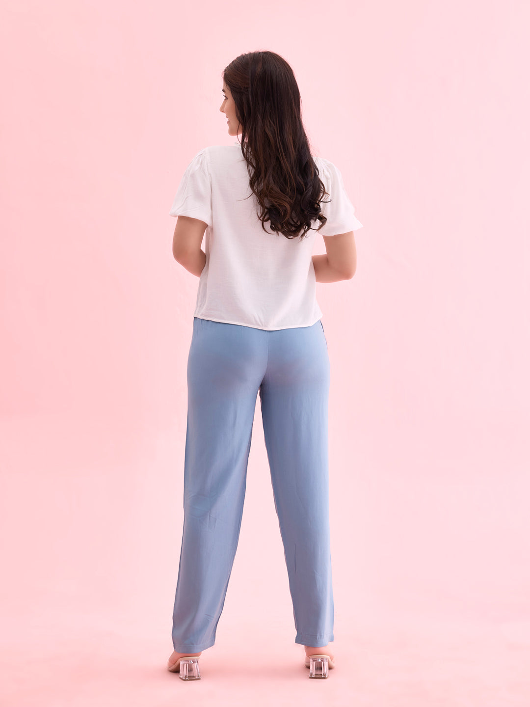 Dusty Blue Woven Viscose Casual Pants