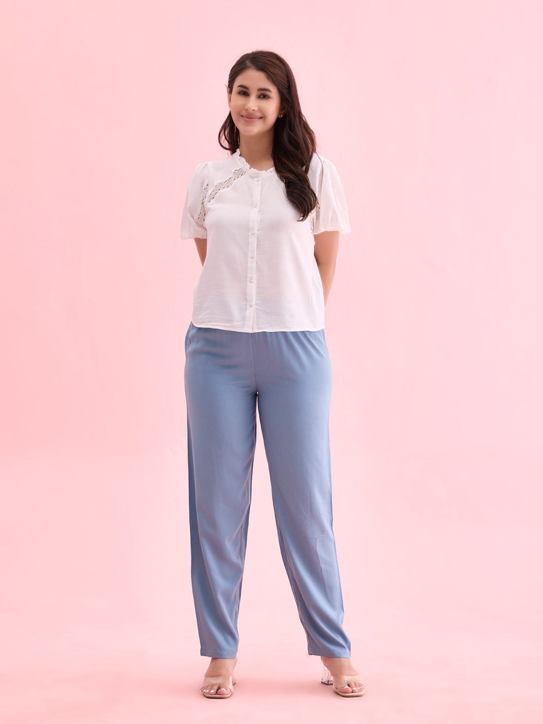 Dusty Blue Woven Viscose Casual Pants