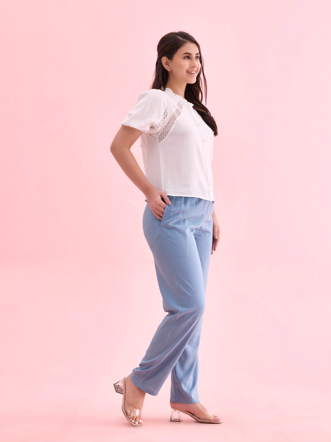 Dusty Blue Woven Viscose Casual Pants