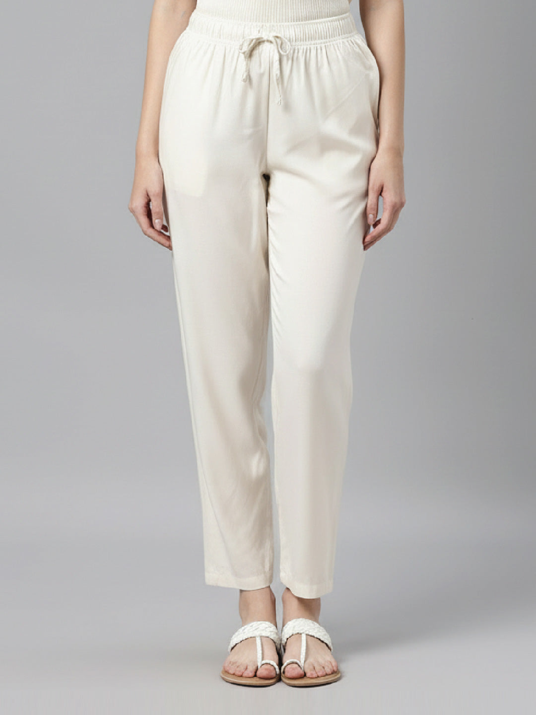 Ecru Woven Viscose Casual Pants