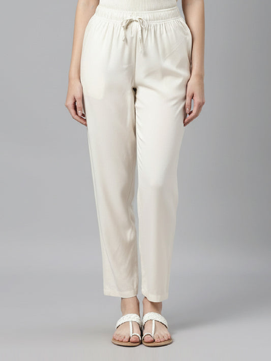 Ecru Woven Viscose Casual Pants
