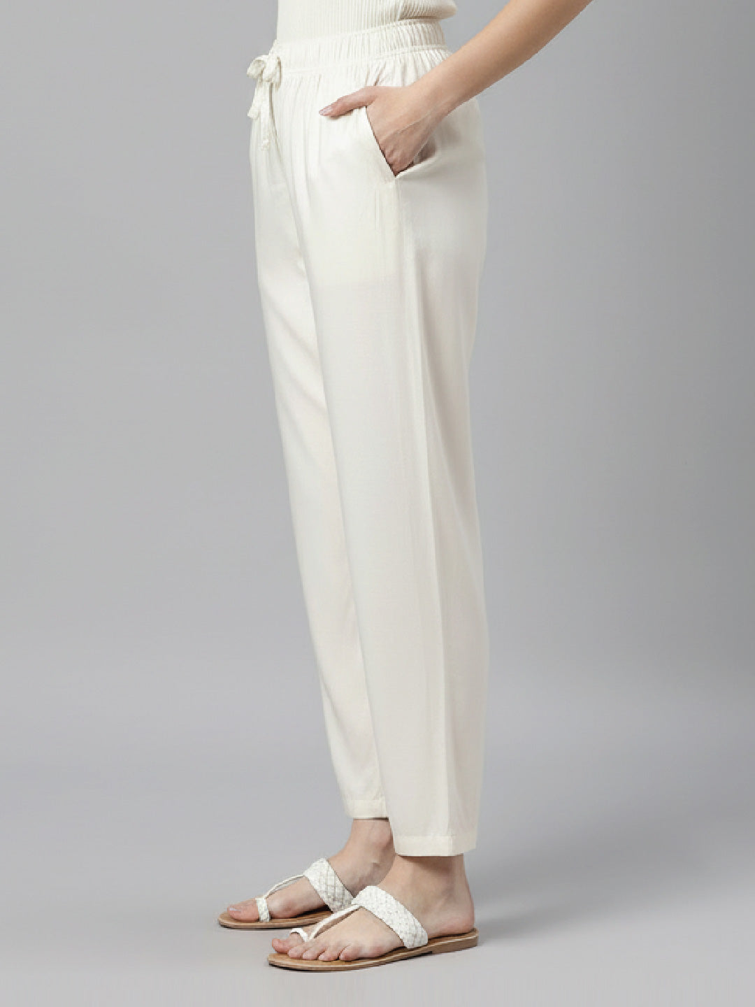 Ecru Woven Viscose Casual Pants