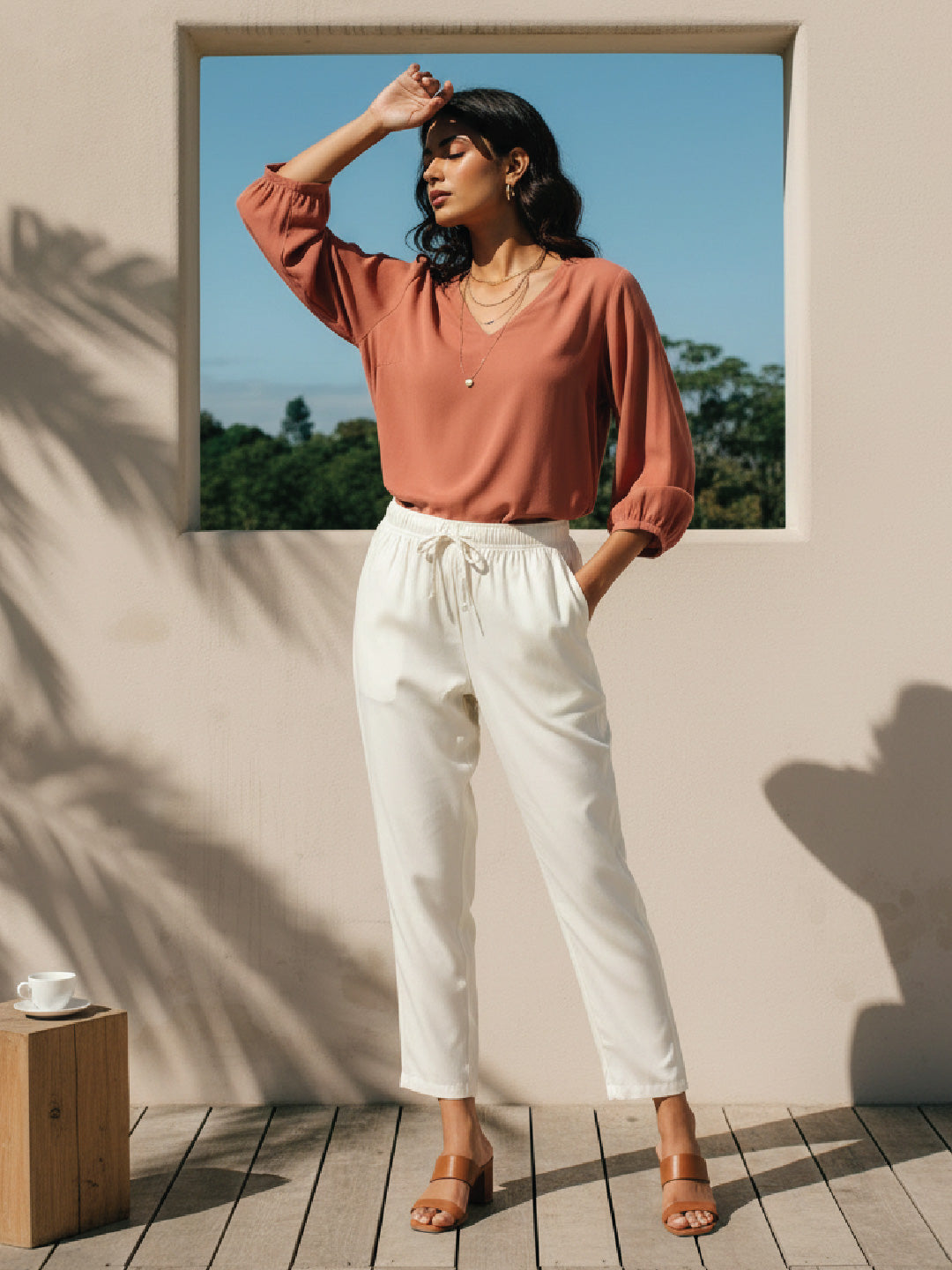 Ecru Woven Viscose Casual Pants
