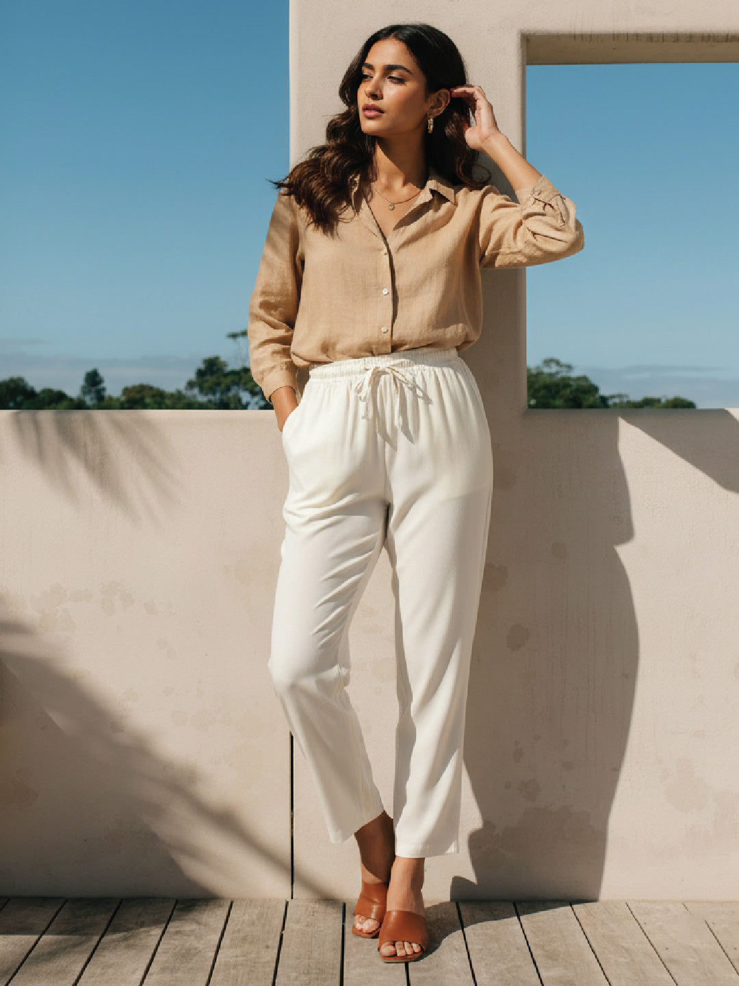 Ecru Woven Viscose Casual Pants