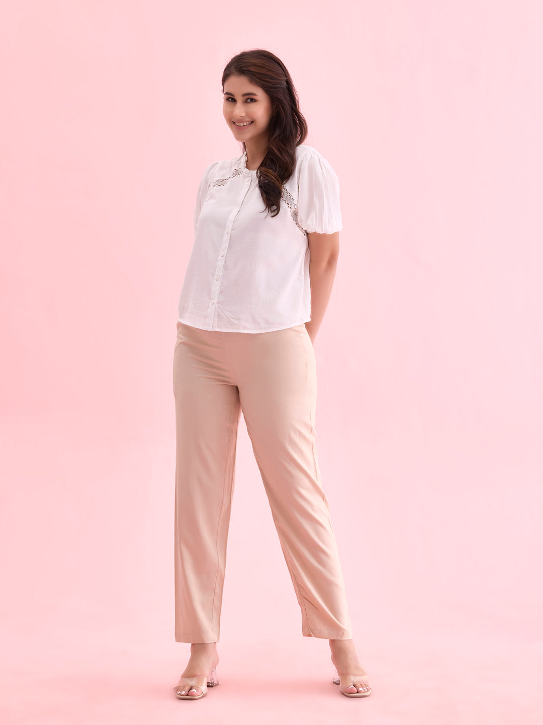 Light Beige Woven Viscose Casual Pants