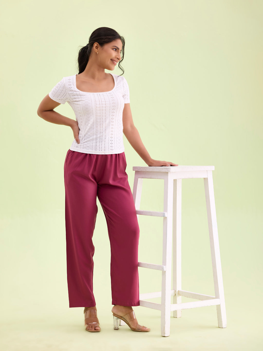 Light Maroon Woven Viscose Casual Pants