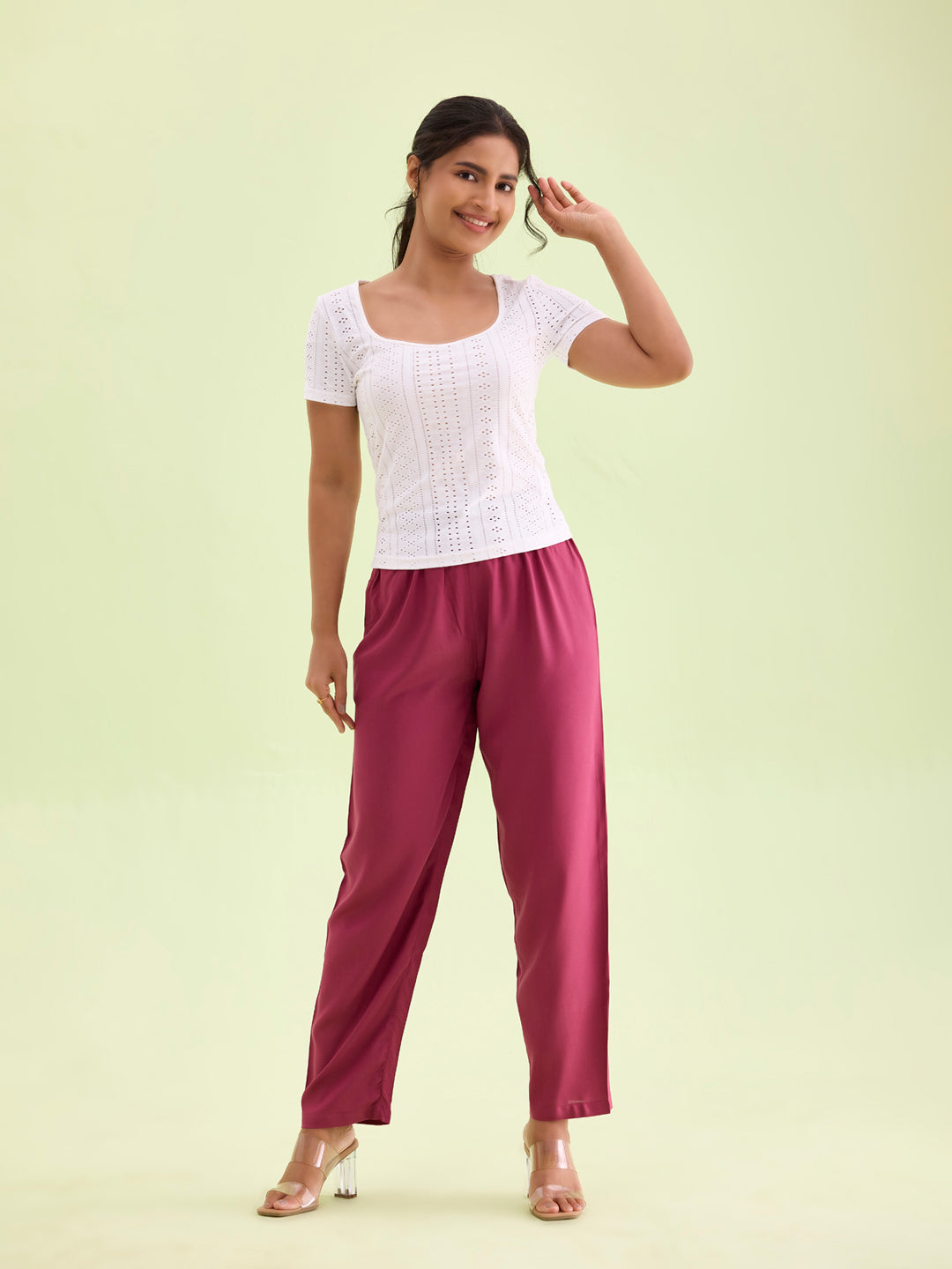 Light Maroon Woven Viscose Casual Pants