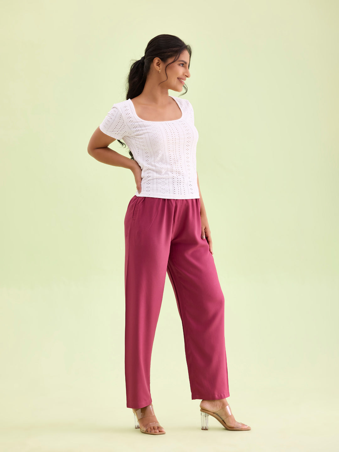 Light Maroon Woven Viscose Casual Pants