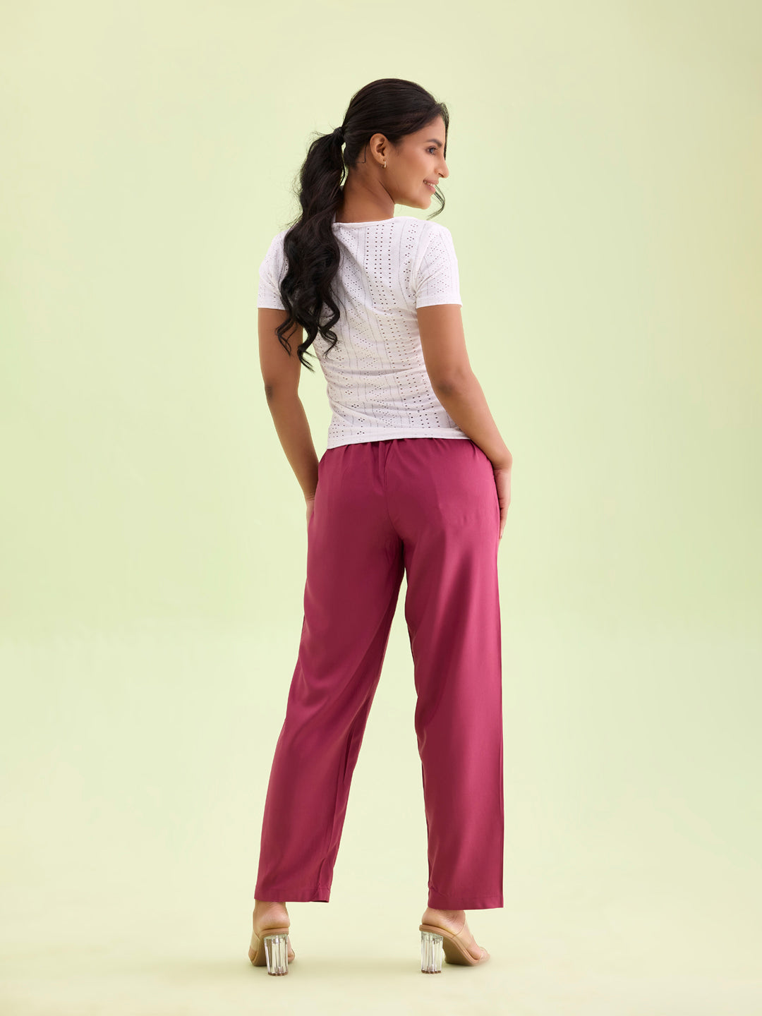 Light Maroon Woven Viscose Casual Pants