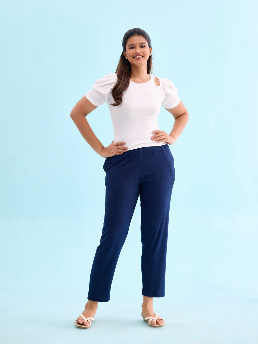 Navy Drop Needle Fabric Casual Rib Pant