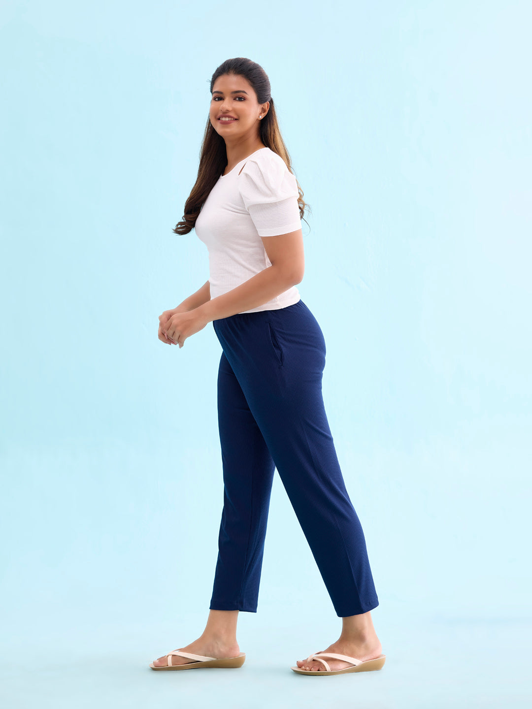 Navy Drop Needle Fabric Casual Rib Pant