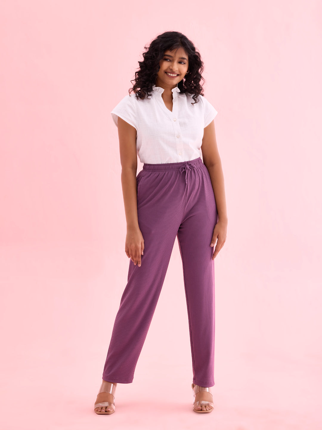 Purple Drop Needle Fabric Casual Rib Pant