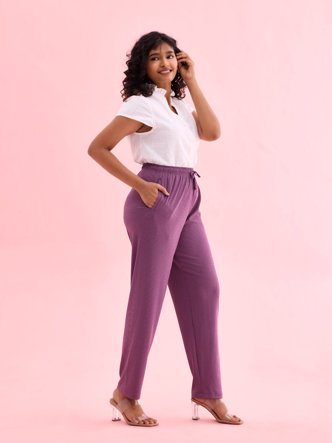 Purple Drop Needle Fabric Casual Rib Pant