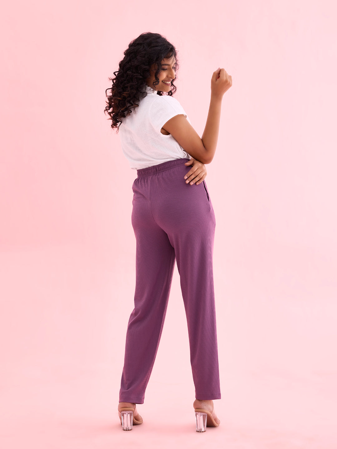 Purple Drop Needle Fabric Casual Rib Pant