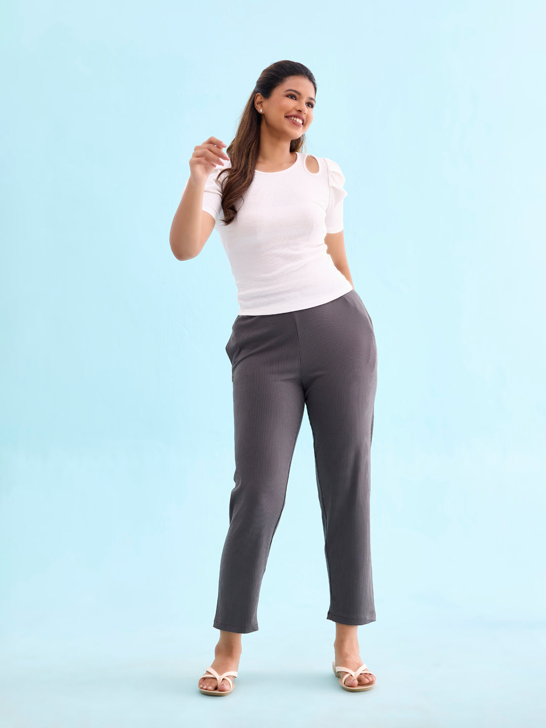 Silver Grey Drop Needle Fabric Casual Rib Pant