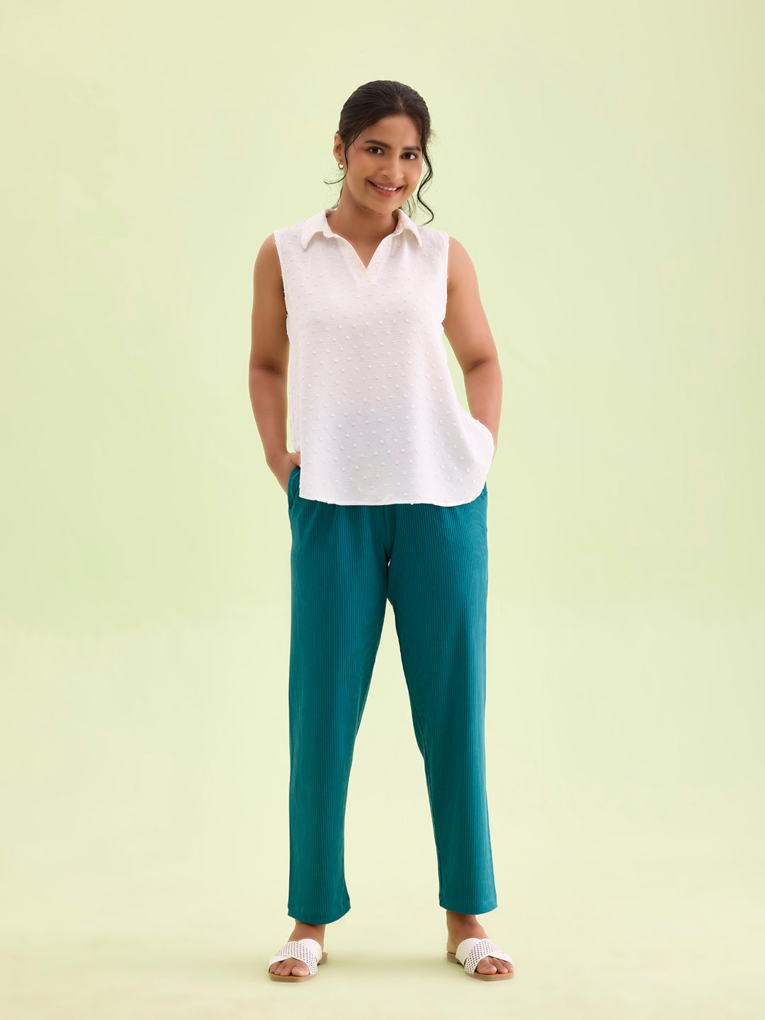 Teal Drop Needle Fabric Casual Rib Pant