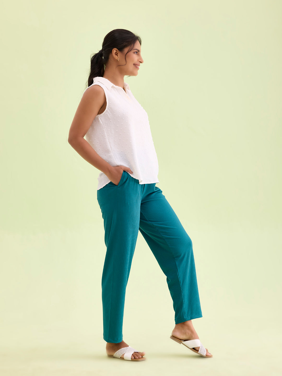 Teal Drop Needle Fabric Casual Rib Pant