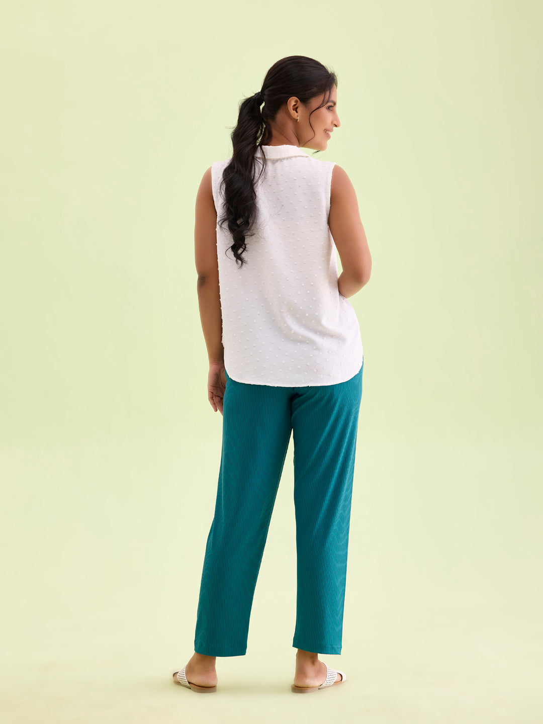 Teal Drop Needle Fabric Casual Rib Pant