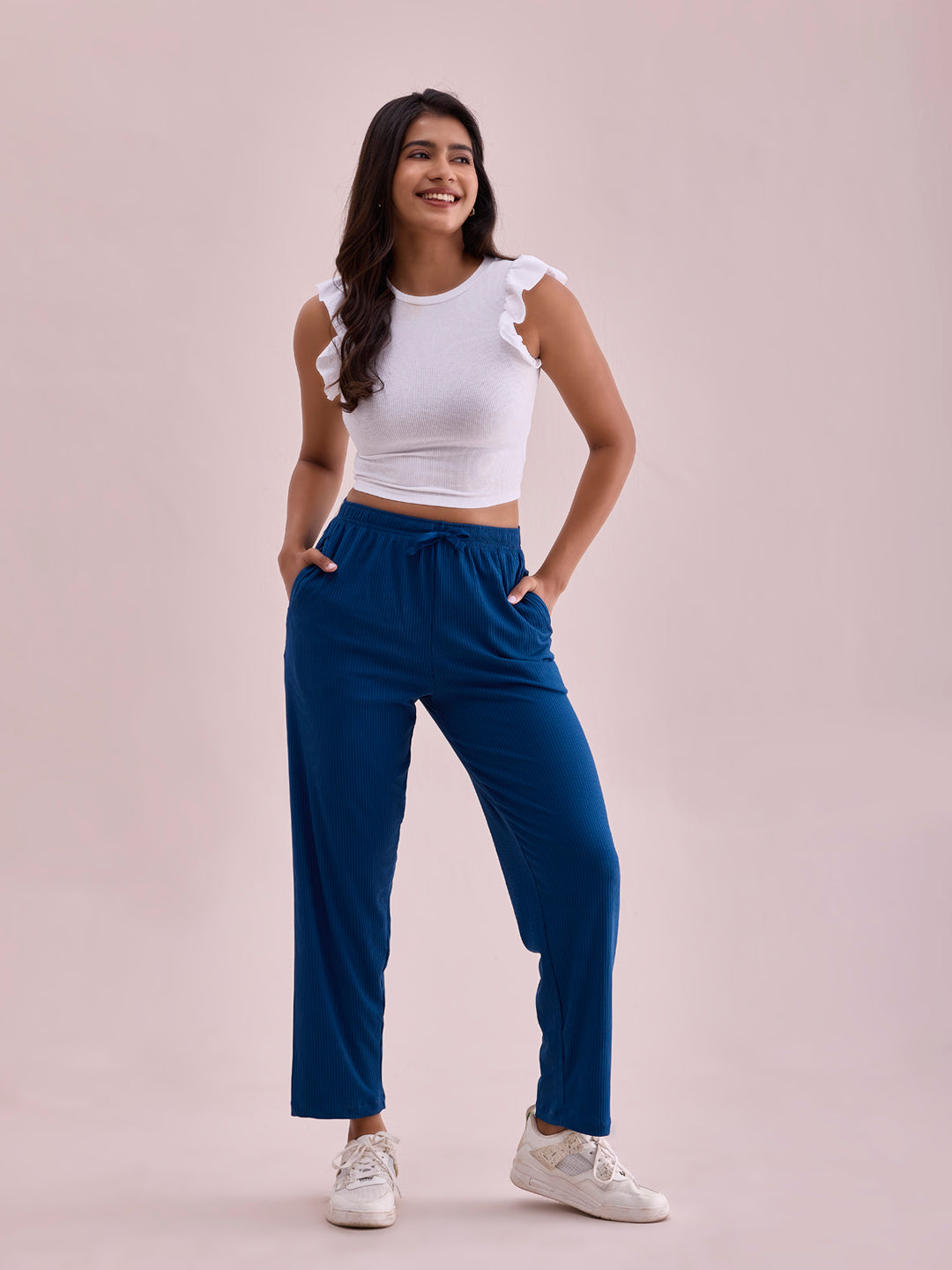 Turquoise Blue Drop Needle Fabric Casual Rib Pant