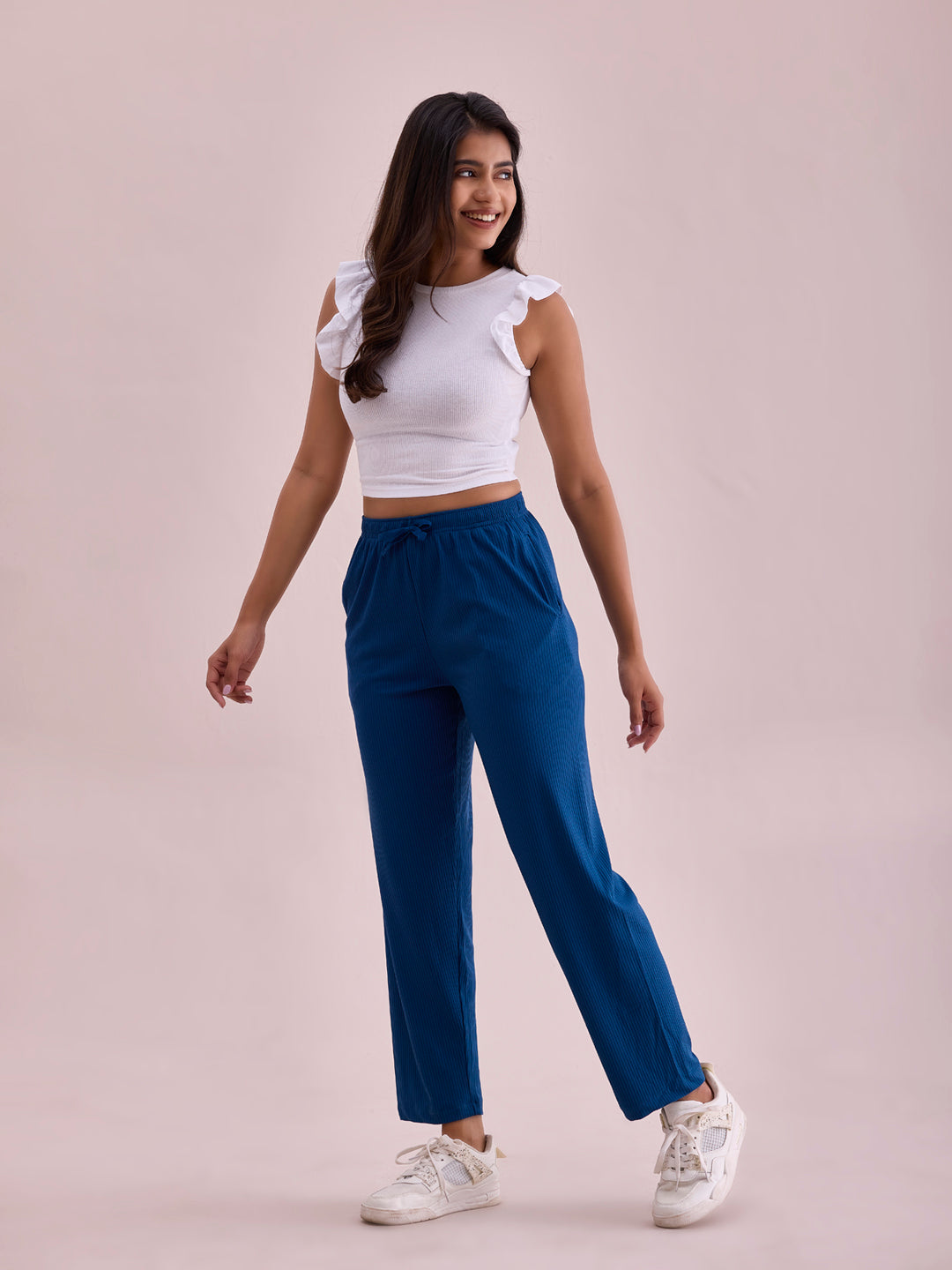 Turquoise Blue Drop Needle Fabric Casual Rib Pant