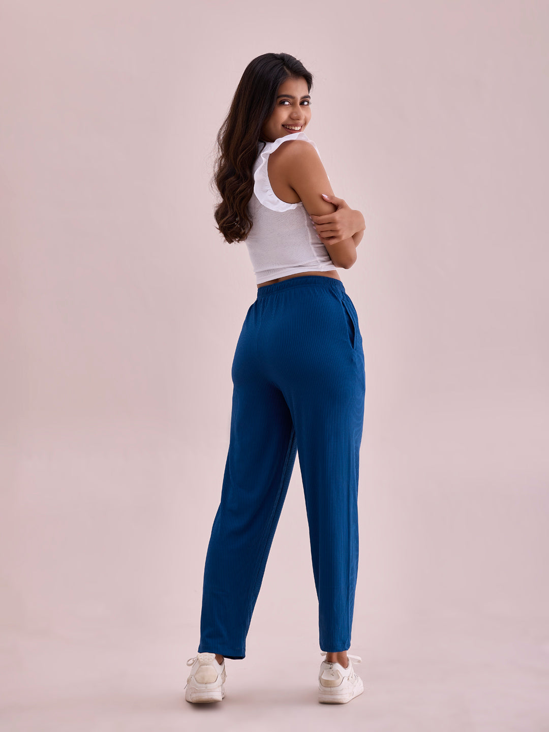 Turquoise Blue Drop Needle Fabric Casual Rib Pant