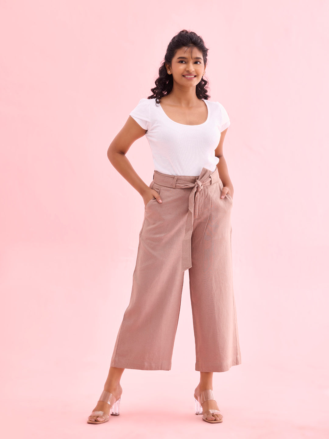 Beige Linen Blend Culottes