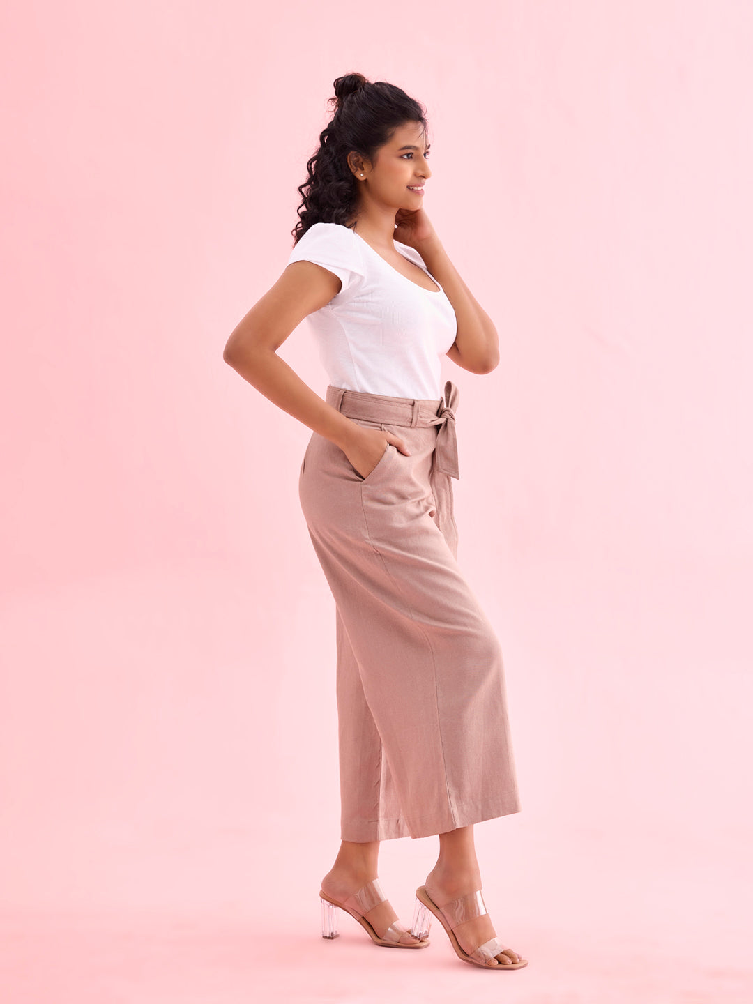 Beige Linen Blend Culottes